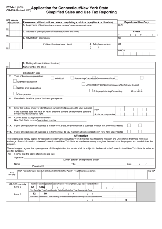Fillable Form Dtf-24.1/or-233 - Application For Connecticut/new York State Simplified Sales And Use Tax Reporting - 2005 Printable pdf