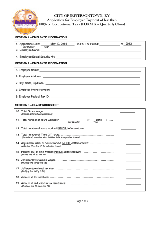 Fillable Form A - Quarterly Claim - Application For Employee Payment Of Less Than 100% Of Occupational Tax Printable pdf