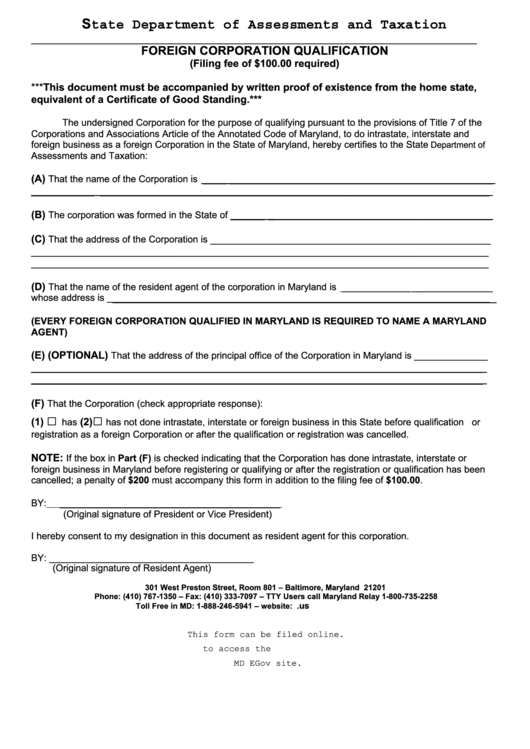 Fillable Foreign Corporation Qualification - Maryland Department Of Assessments And Taxation Printable pdf