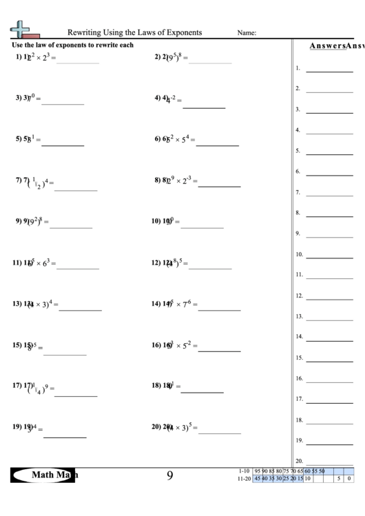 Rewriting Using The Laws Of Exponents Worksheet Printable pdf