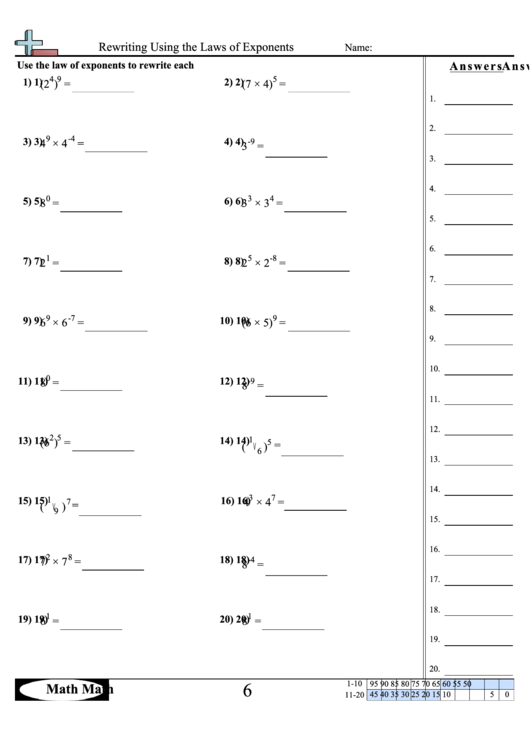 Rewriting Using The Laws Of Exponents Worksheet printable pdf download