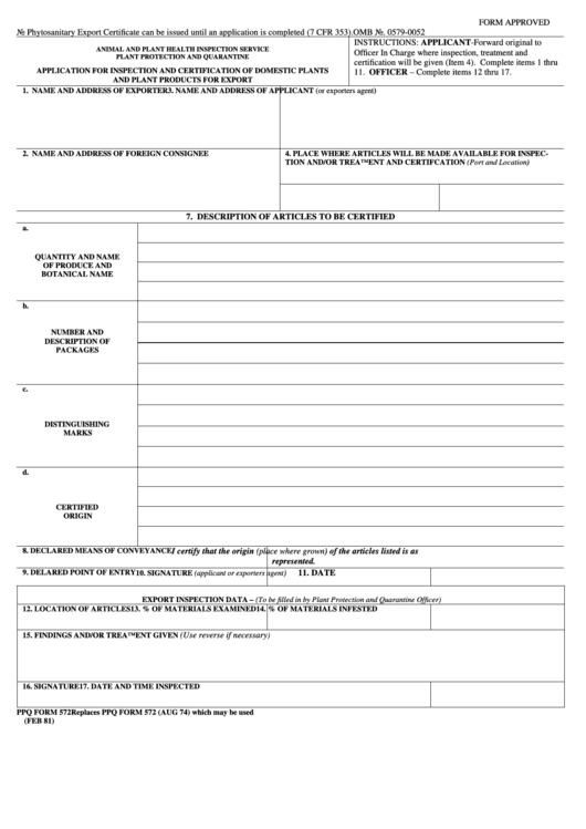 Fillable Ppq Form 572 - Application For Inspection And Certification Of Domestic Plants 1981 Printable pdf