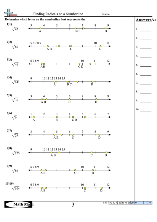 Finding Radicals On A Numberline Worksheet printable pdf download