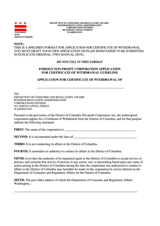 Foreign Non-Profit Corporation Application For Certificate Of Withdrawal Form Printable pdf