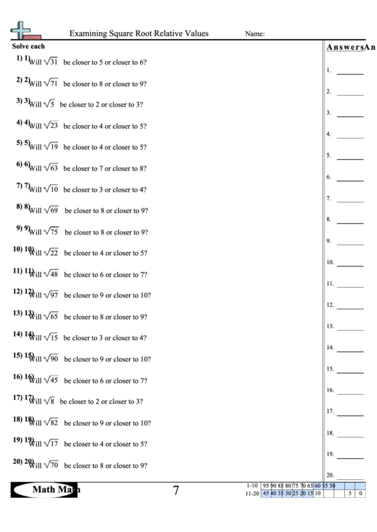 Examining Square Root Relative Values Worksheet Printable pdf