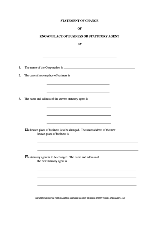 Statement Of Change Of Known Place Of Business Or Statutory Agent Form Printable pdf