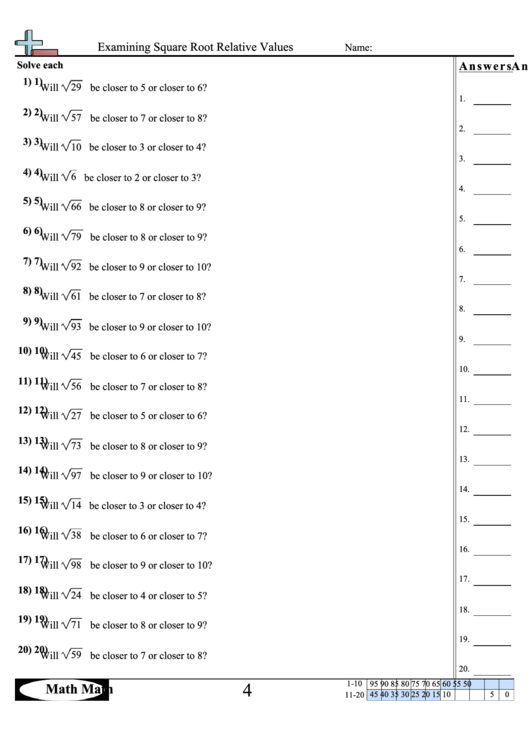 Examining Square Root Relative Values Worksheet Printable pdf