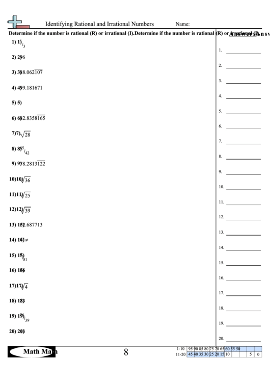 Identifying Rational And Irrational Numbers Worksheet Printable pdf