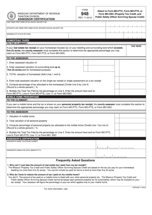 Fillable Form 948 - Assessor Certification Printable pdf