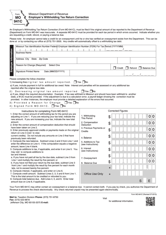 Fillable Form Mo 941c - Employers Withholding Tax Return Correction Printable pdf