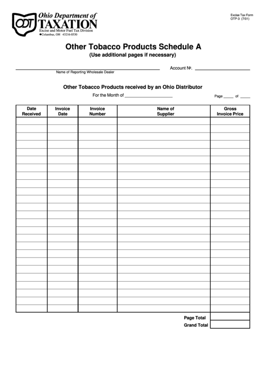 Form Otp-3 - Other Tobacco Products Schedule A Printable pdf