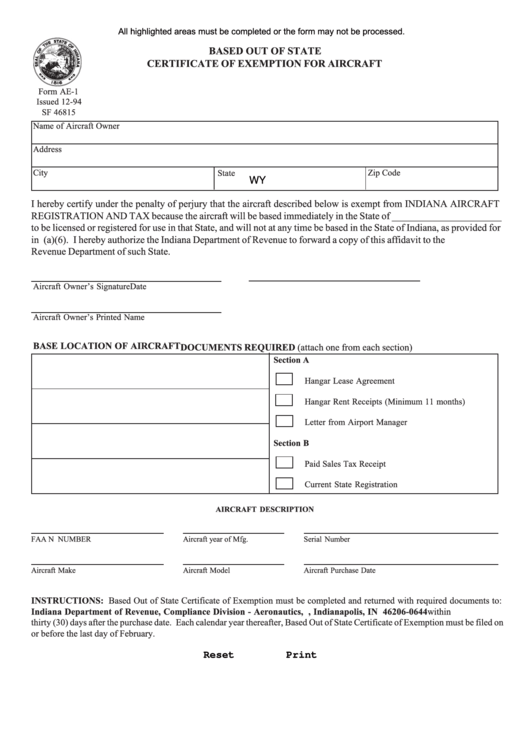 Fillable Form Ae-1- Based Out Of State Certificate Of Exemption For Aircraft Printable pdf