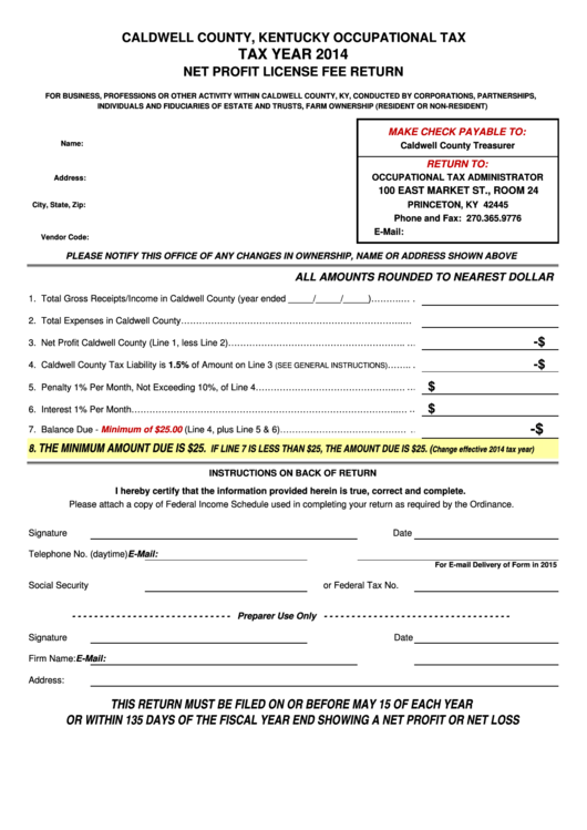 Net Profit License Fee Return Form - Caldwell County - 2014 Printable pdf
