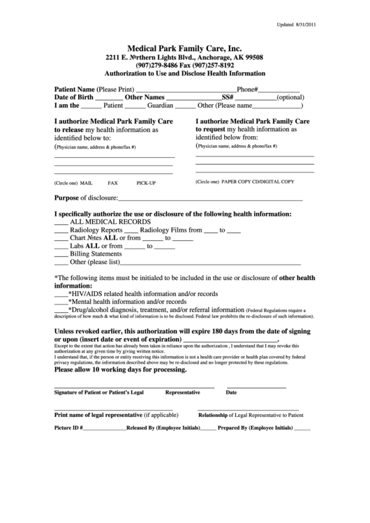 Medical Records Release-Authorization To Use And Disclose Health Information Form 2011 Printable pdf