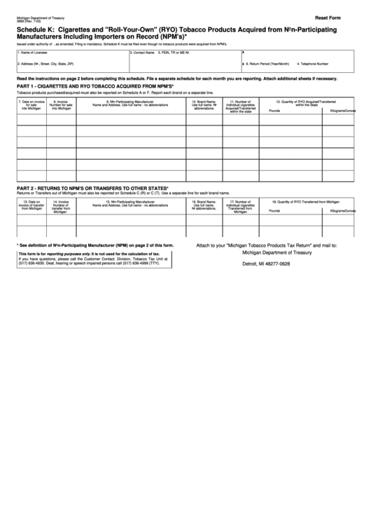 Fillable Form 3669 - Schedule K: Cigarettes And "Roll-Your-Own" (Ryo) Tobacco Products Acquired From Non-Participating Manufacturers Including Importers On Record (Npm