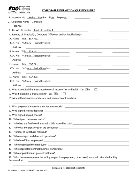 Fillable Form De 204 - Corporate Information Questionnaire Printable pdf