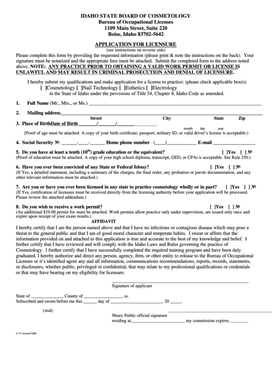 Form C-37 - Application For Licensure Printable pdf