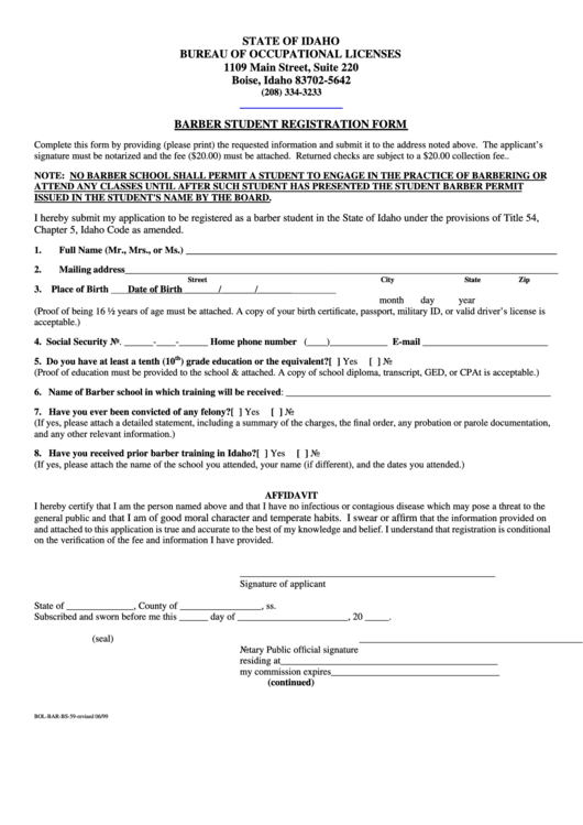 Form Bol-Bar-Bs-59 - Barber Student Registration Form Printable pdf