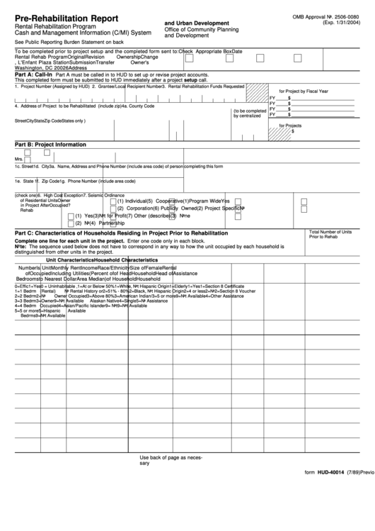 Form Hud-40014-Pre-Rehabilitation Report July 1989 Printable pdf
