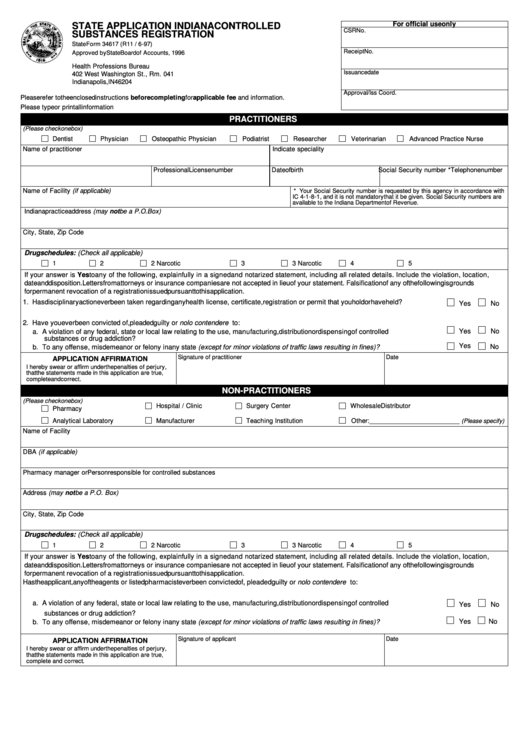 Fillable State Form 34617 - State Application Indiana Controlled Substances Registration - Indiana Printable pdf