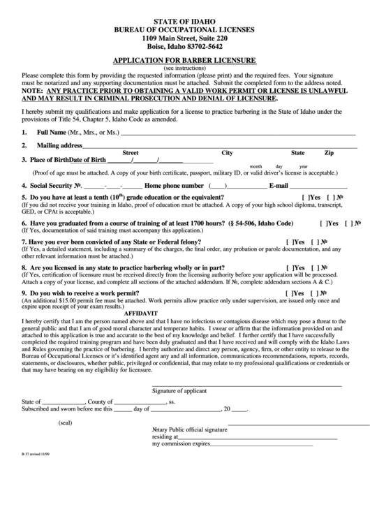 Form B-37 - Application For Barber Licensure Printable pdf