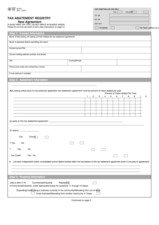 Fillable Form 50-276 - Tax Abatement Registry - New Agreement - 2005 Printable pdf