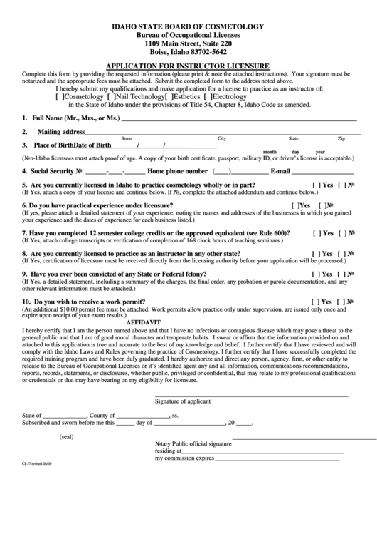 Form Ci-37 - Application For Instructor Licensure Printable pdf