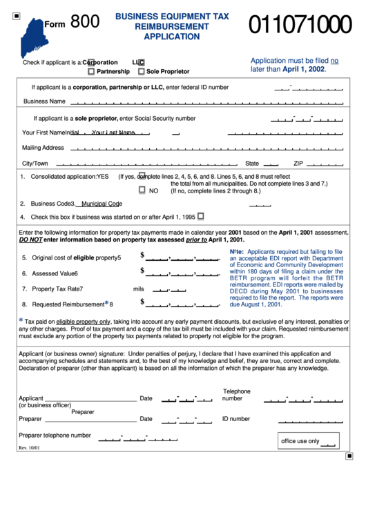 Form 800 - Business Equipment Tax Reimbursement Application Printable pdf