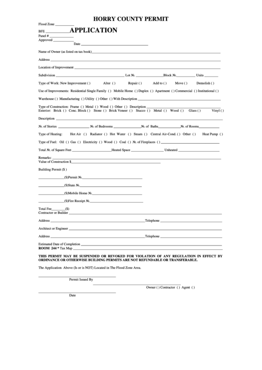 Horry County - Permit Application Form Printable pdf