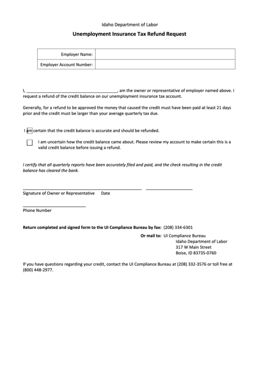 Unemployment Insurance Tax Refund Request Form - Idaho Department Of Labor Printable pdf