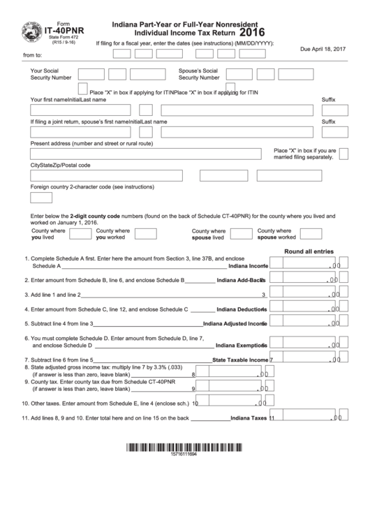 Fillable Form It-40pnr - Indiana Part-Year Or Full-Year Nonresident Individual Income Tax Return - 2016 Printable pdf