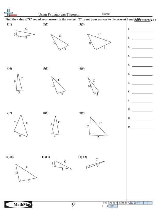 Using Pythagorean Theorem Worksheet printable pdf download