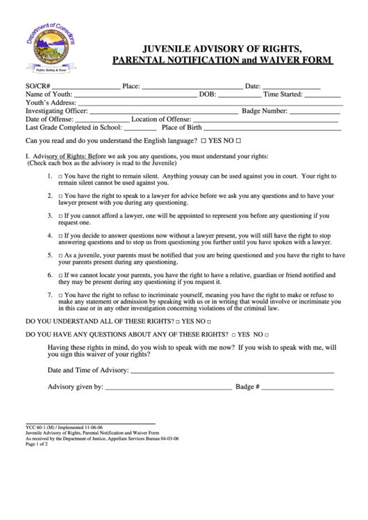 Juvenile Advisory Of Rights, Parental Notification And Waiver Form - Montana Department Of Justice Printable pdf