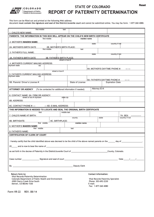 Fillable Form : Vr-22 Report Of Paternity Determination Printable pdf