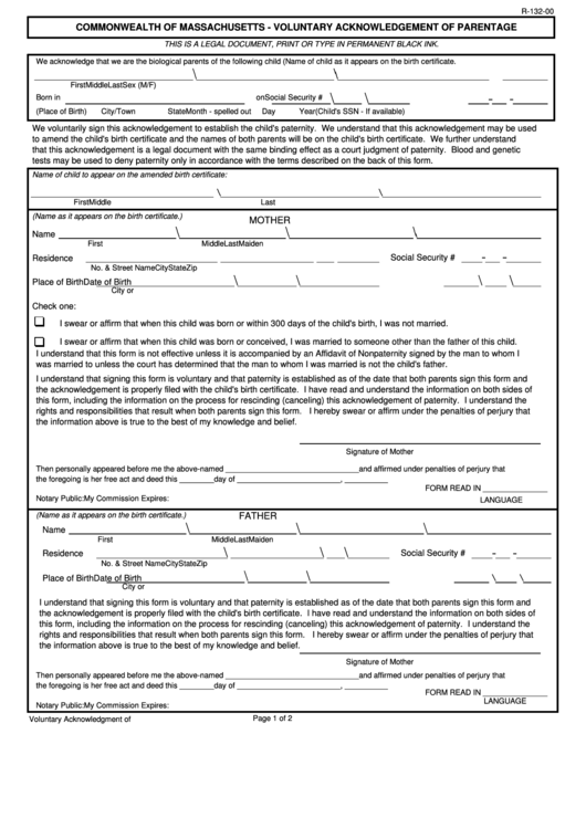 Fillable Form : R-132-00 Voluntary Acknowledgement Of Parentage Printable pdf