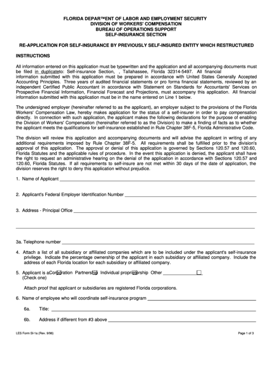 Form Si-1a - Re-Application For Self-Insurance By Previously Self-Insured Entity Which Restructured Printable pdf