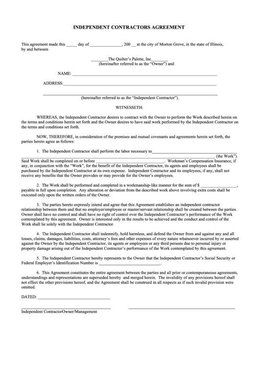 Independent Contractors Agreement Template Printable pdf