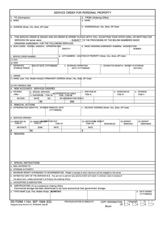 Fillable Dd Form 1164 - Service Order For Personal Property Printable pdf