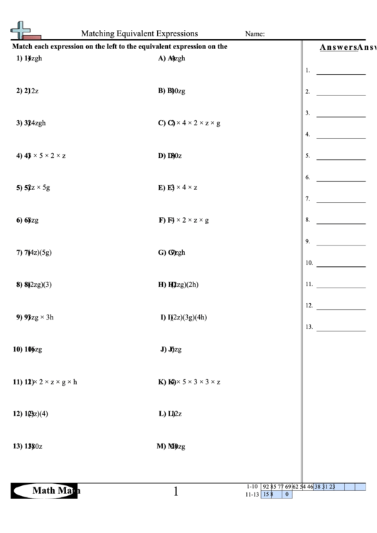 Matching Equivalent Expressions Worksheet Printable pdf