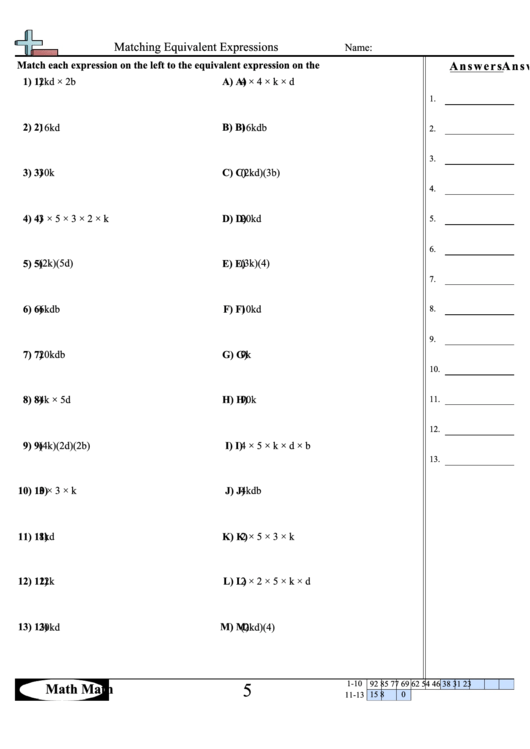 Matching Equivalent Expressions Worksheet Printable pdf