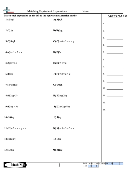 Mathmatching Equivalent Expressions Worksheet printable pdf download