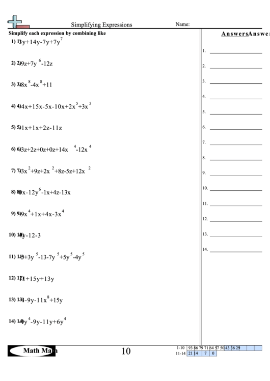 Simplifying Expressions Worksheet printable pdf download