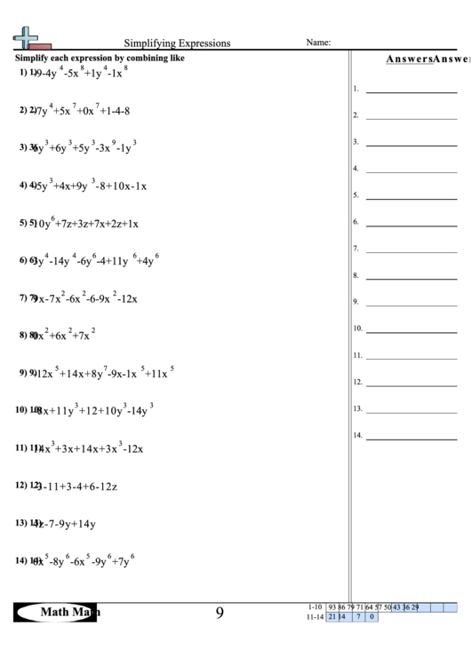 Simplifying Expressions Worksheet printable pdf download