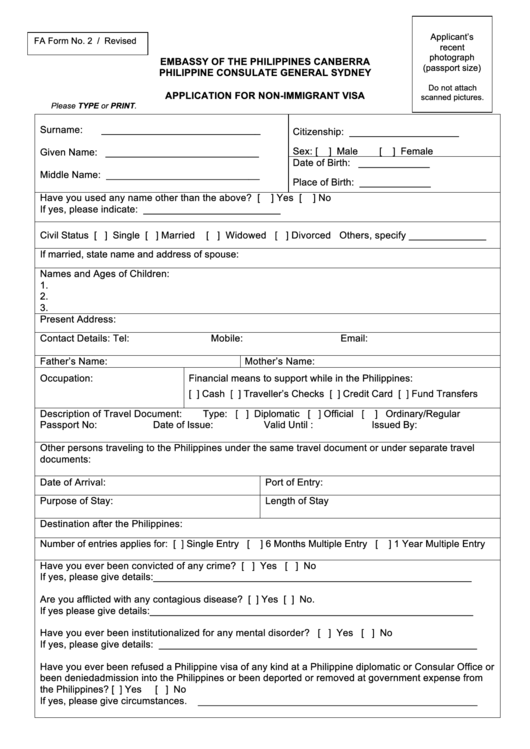 Philippines Visa Application Form Printable pdf