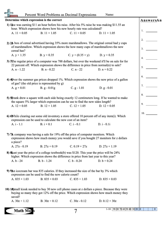 Decimal Word Problems Worksheet