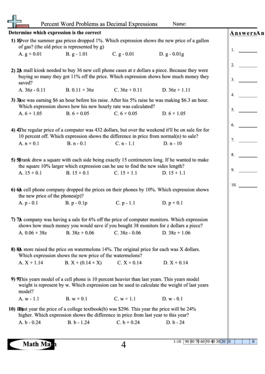 percent word problems as decimal expressions worksheet