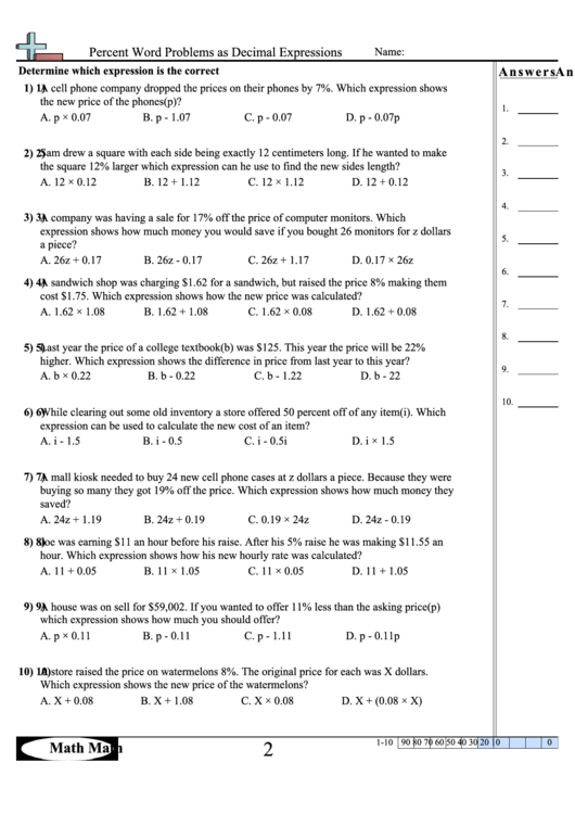 Percent Word Problems As Decimal Expressions Worksheet printable pdf ...