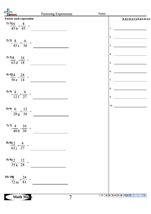 Factoring Expressions Worksheet printable pdf download