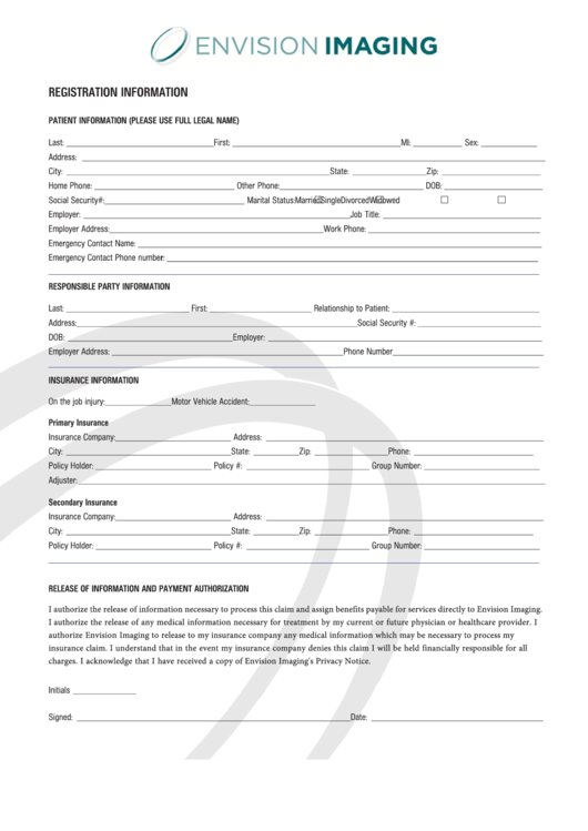 Registration Information Form And Nuclear Medicine Patient History Printable pdf