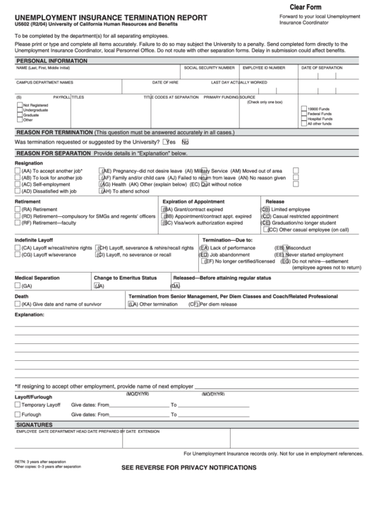 Fillable Unemployment Insurance Termination Report Form Printable pdf